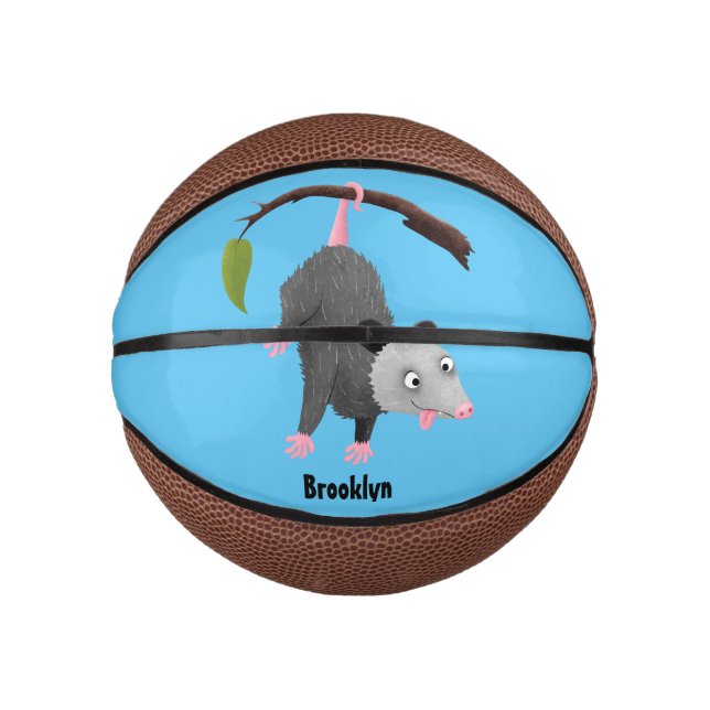 Cute funny opossum hanging from branch cartoon mini basketball (Front)