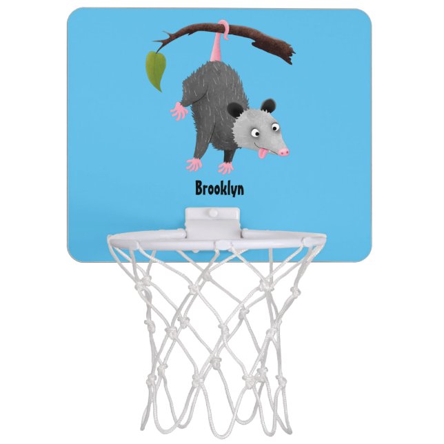 Cute funny opossum hanging from branch cartoon  mini basketball hoop (Front)