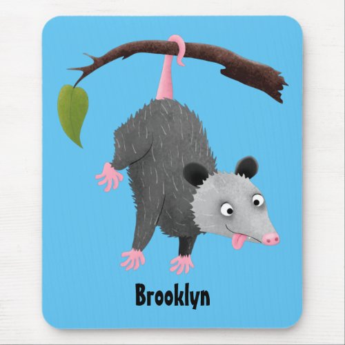Cute funny opossum hanging from branch cartoon mouse pad
