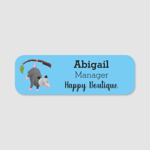 Cute funny opossum hanging from branch cartoon name tag