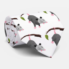 Cute funny opossum hanging from branch cartoon neck tie