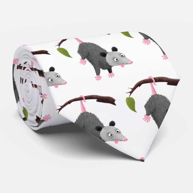 Cute funny opossum hanging from branch cartoon neck tie (Rolled)