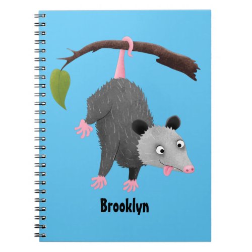 Cute funny opossum hanging from branch cartoon  notebook