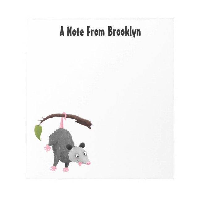 Cute funny opossum hanging from branch cartoon notepad (Front)