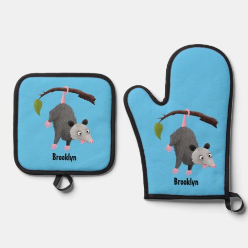 Cute funny opossum hanging from branch cartoon  oven mitt  pot holder set