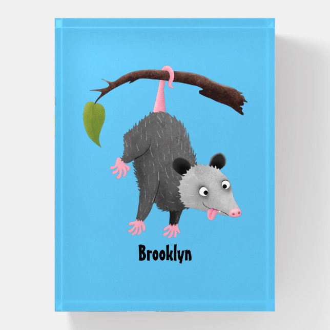 Cute funny opossum hanging from branch cartoon paperweight (Vertical)