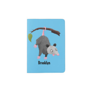 Cute funny opossum hanging from branch cartoon passport holder
