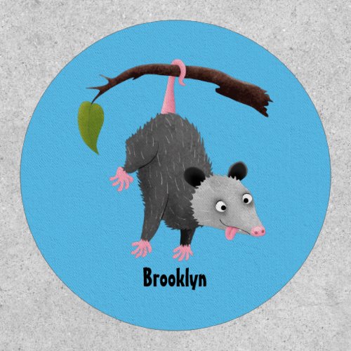 Cute funny opossum hanging from branch cartoon patch