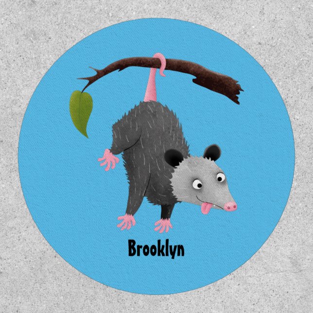 Cute funny opossum hanging from branch cartoon patch (Front)