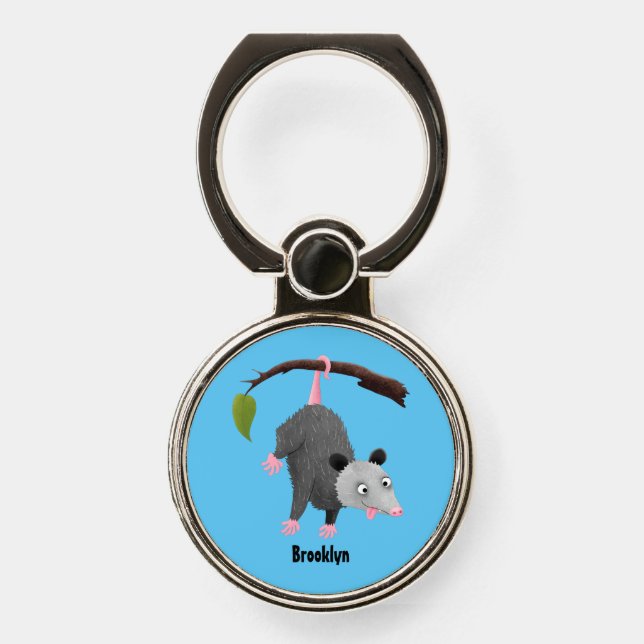 Cute funny opossum hanging from branch cartoon  phone ring stand (Front)