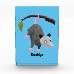 Cute funny opossum hanging from branch cartoon photo block