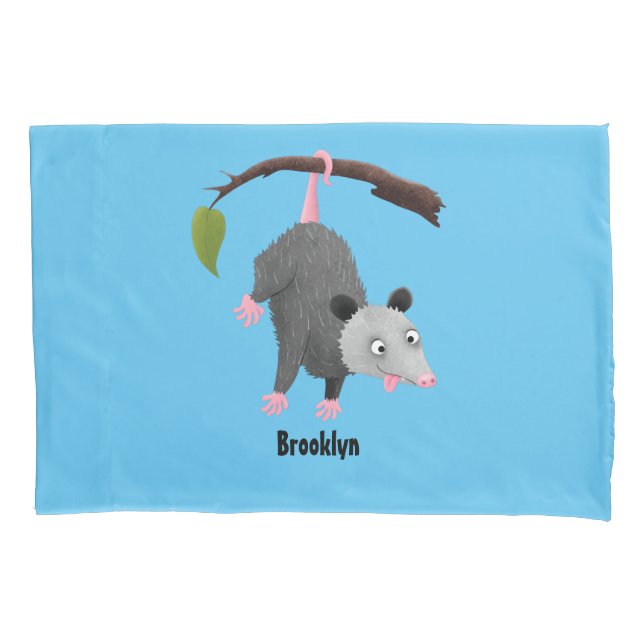 Cute funny opossum hanging from branch cartoon pillow case (Front)