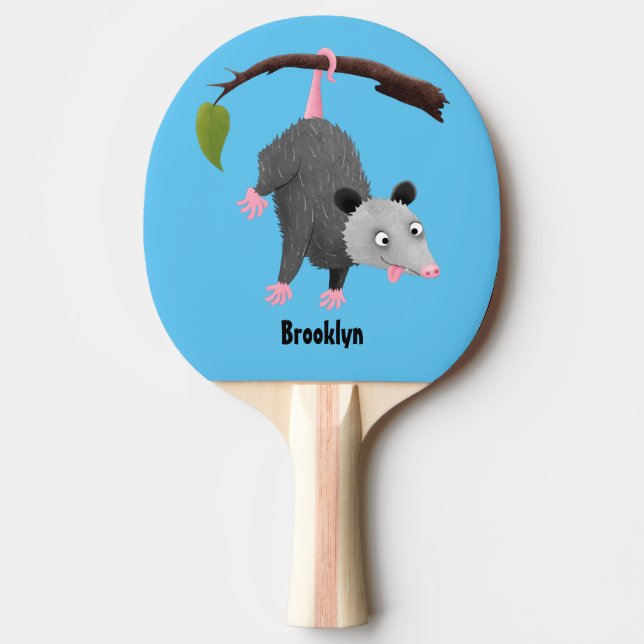 Cute funny opossum hanging from branch cartoon ping pong paddle (Front)
