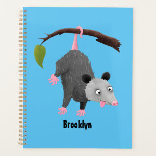 Cute funny opossum hanging from branch cartoon planner
