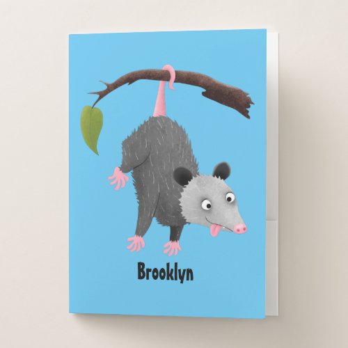 Cute funny opossum hanging from branch cartoon pocket folder