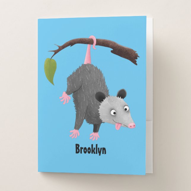 Cute funny opossum hanging from branch cartoon pocket folder (Front)