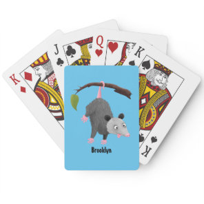 Cute funny opossum hanging from branch cartoon  poker cards