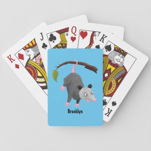 Cute funny opossum hanging from branch cartoon  poker cards