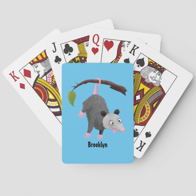 Cute funny opossum hanging from branch cartoon  poker cards (Back)