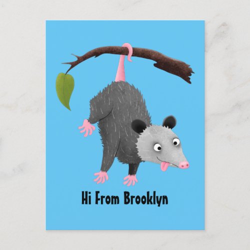Cute funny opossum hanging from branch cartoon postcard