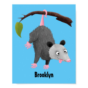 Cute funny opossum hanging from branch cartoon poster