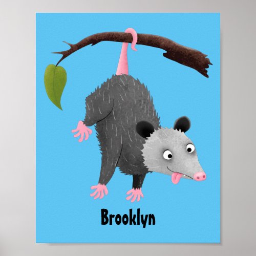 Cute funny opossum hanging from branch cartoon poster