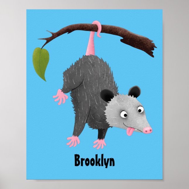 Cute funny opossum hanging from branch cartoon poster (Front)