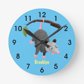 Cute funny opossum hanging from branch cartoon round clock