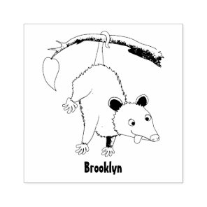 Cute funny opossum hanging from branch cartoon rubber stamp