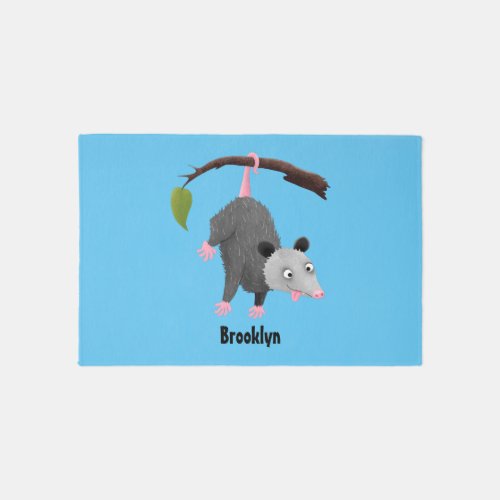 Cute funny opossum hanging from branch cartoon  rug
