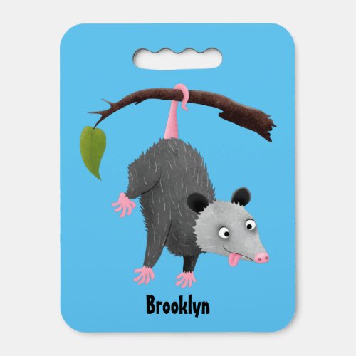 Cute funny opossum hanging from branch cartoon seat cushion