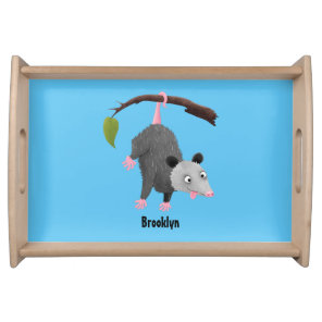 Cute funny opossum hanging from branch cartoon serving tray
