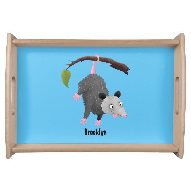 Cute funny opossum hanging from branch cartoon serving tray (Front)