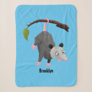 Cute funny opossum hanging from branch cartoon sherpa blanket