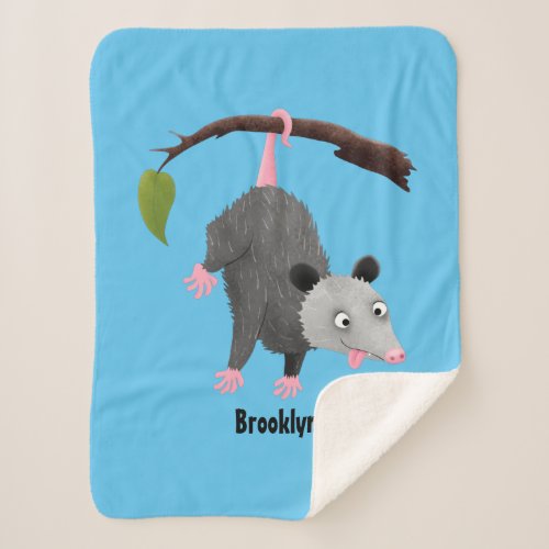 Cute funny opossum hanging from branch cartoon sherpa blanket