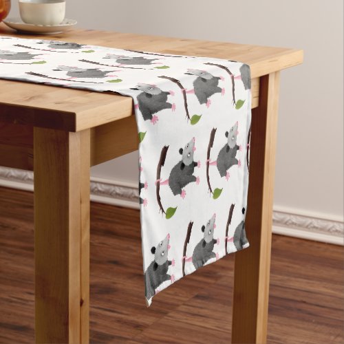 Cute funny opossum hanging from branch cartoon short table runner
