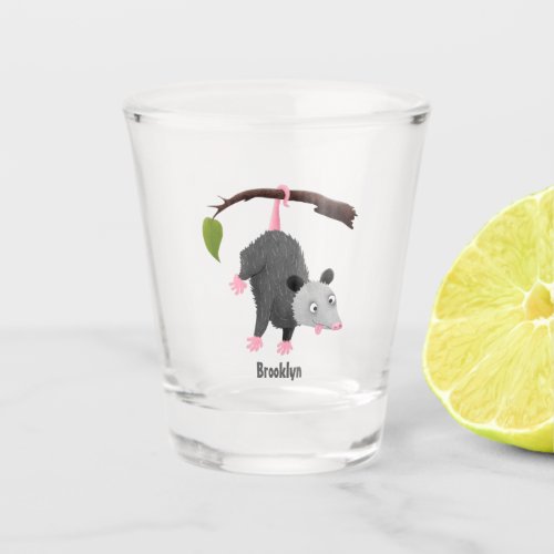 Cute funny opossum hanging from branch cartoon shot glass