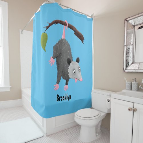 Cute funny opossum hanging from branch cartoon shower curtain