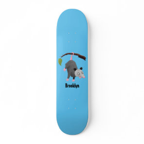 Cute funny opossum hanging from branch cartoon skateboard