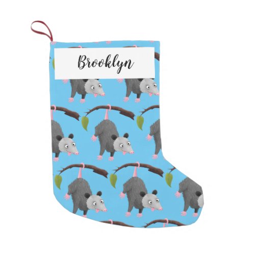 Cute funny opossum hanging from branch cartoon small christmas stocking