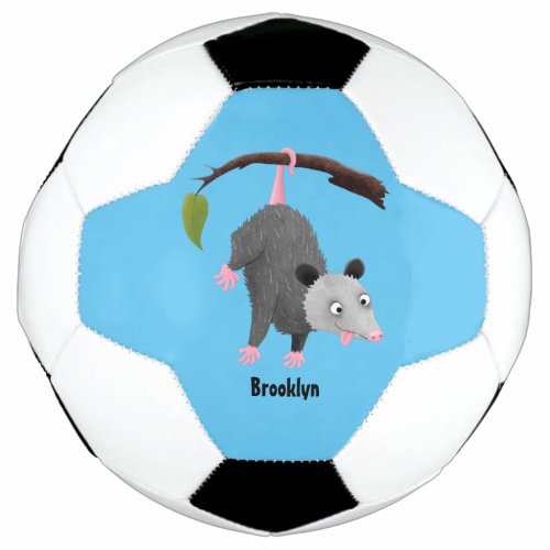 Cute funny opossum hanging from branch cartoon soccer ball