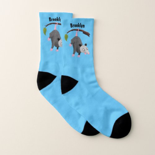 Cute funny opossum hanging from branch cartoon  socks