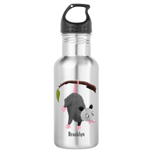 Cute funny opossum hanging from branch cartoon stainless steel water bottle