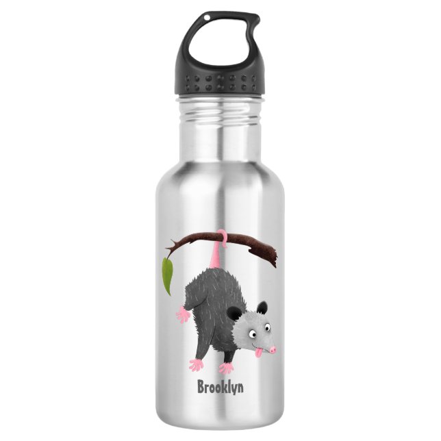 Cute funny opossum hanging from branch cartoon stainless steel water bottle (Front)