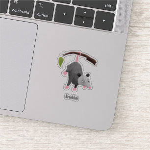 Cute funny opossum hanging from branch cartoon sticker