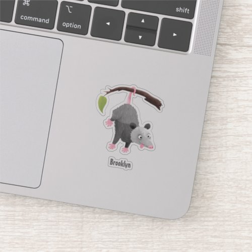 Cute funny opossum hanging from branch cartoon sticker