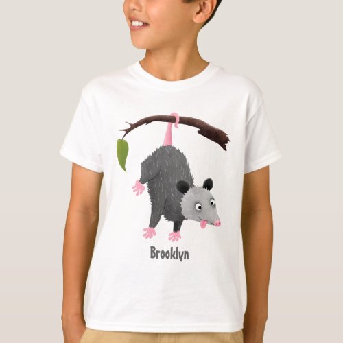 Cute funny opossum hanging from branch cartoon T_Shirt