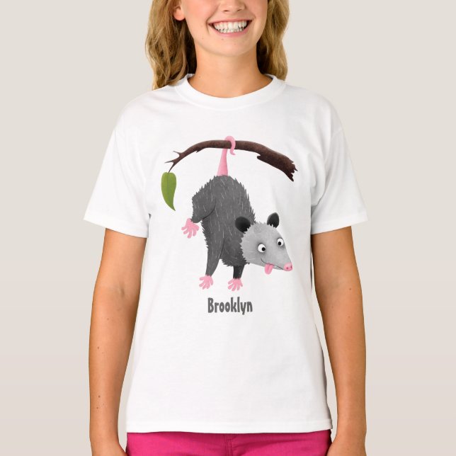 Cute funny opossum hanging from branch cartoon T-Shirt (Front)