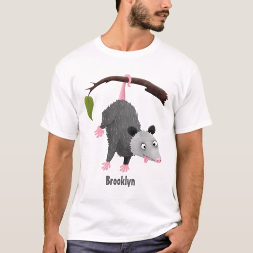Cute funny opossum hanging from branch cartoon T_Shirt