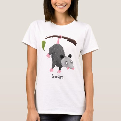 Cute funny opossum hanging from branch cartoon T_Shirt